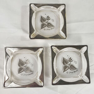3 Mid Century Modern Georges Briard Glass Ashtrays with Sterling Silver Overlay